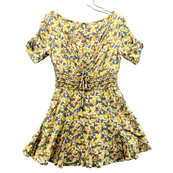 Free People Forget Me Not Mini‎ Dress Women's 4 Yellow Floral Flare Boho Cottage - Picture 1 of 10